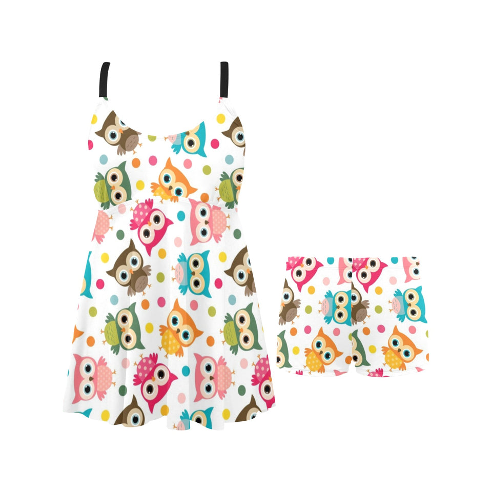 Color cute owl pattern Chest Sexy Pleated Two Piece Swim Dress