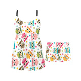 Color cute owl pattern Chest Sexy Pleated Two Piece Swim Dress
