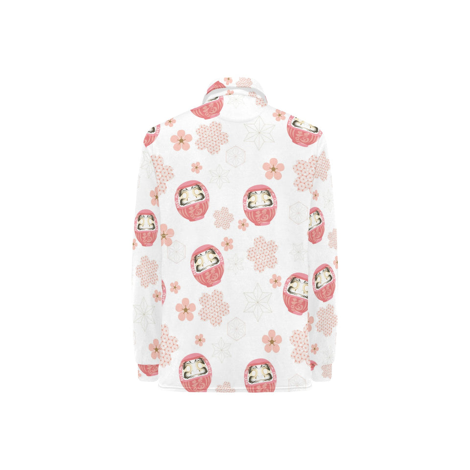 Daruma japanese wooden doll cherry blossom flower Women's Long Sleeve Polo Shirt