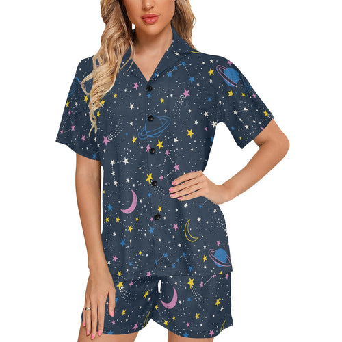 space pattern with planets, comets, constellations Women's V-Neck Short Pajama Set
