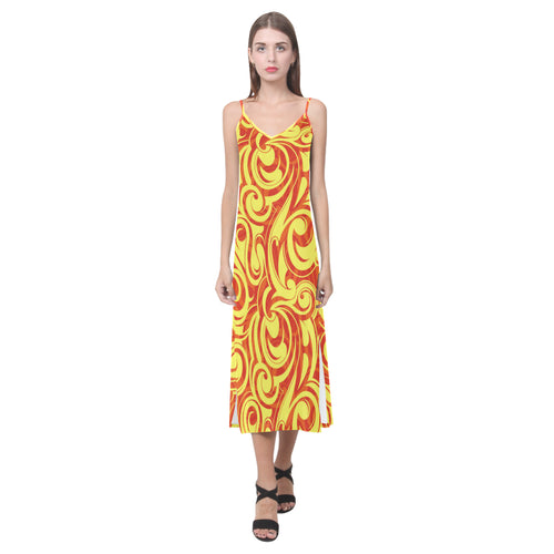 Fire flame design pattern V-Neck Open Fork Long Dress