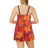 Autumn maple leaf pattern Chest Sexy Pleated Two Piece Swim Dress