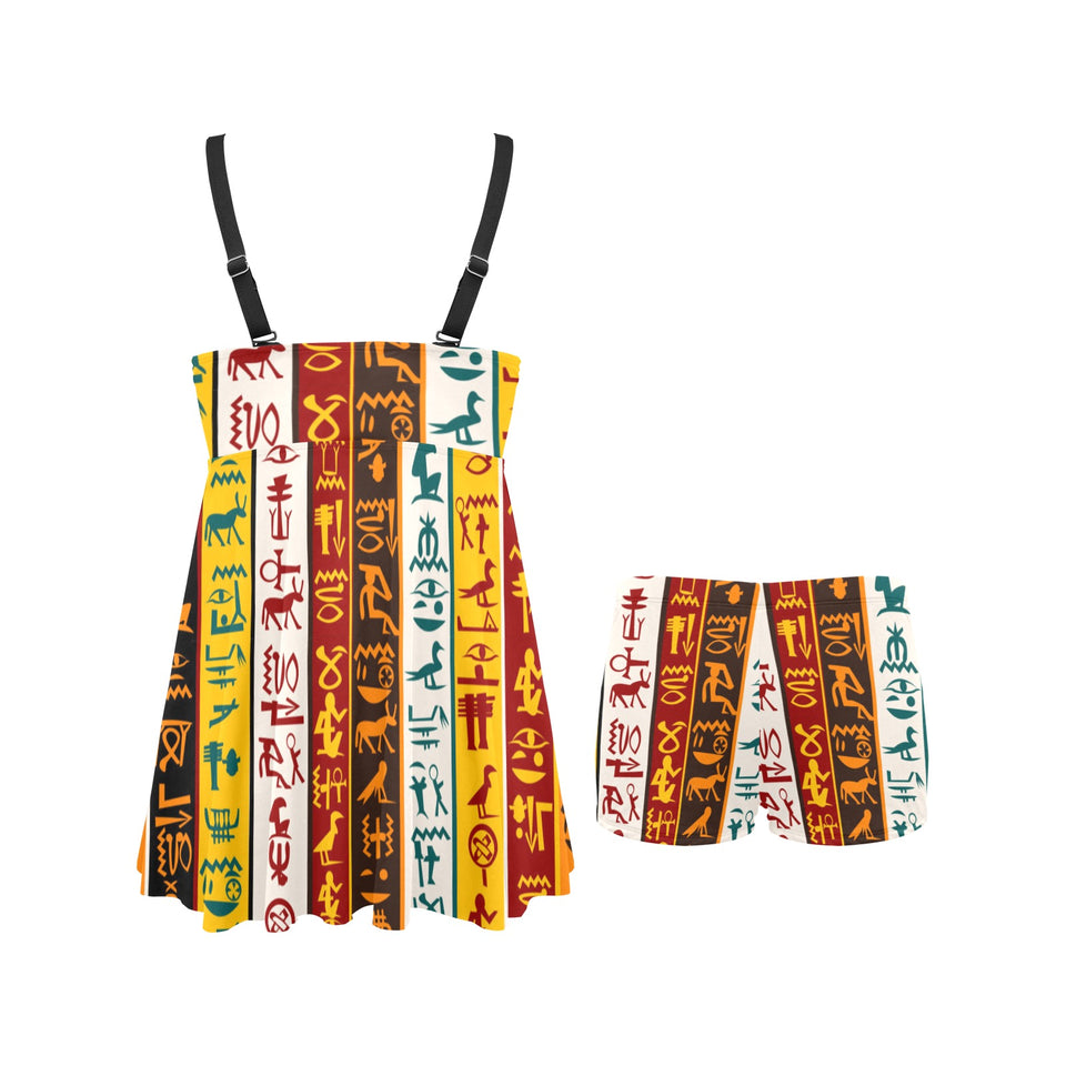 Egypt Hieroglyphics Pattern Print Design 01 Chest Sexy Pleated Two Piece Swim Dress