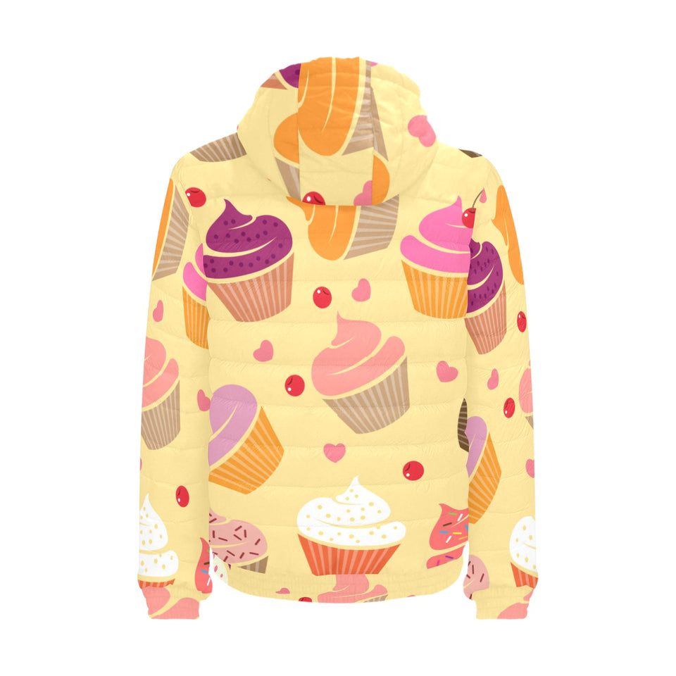 cake cupcake heart cherry pattern Men's Padded Hooded Jacket