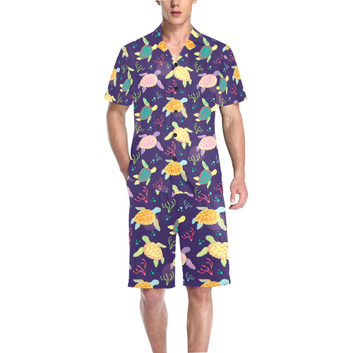 Colorful sea turtle pattern Men's V-Neck Short Pajama Set
