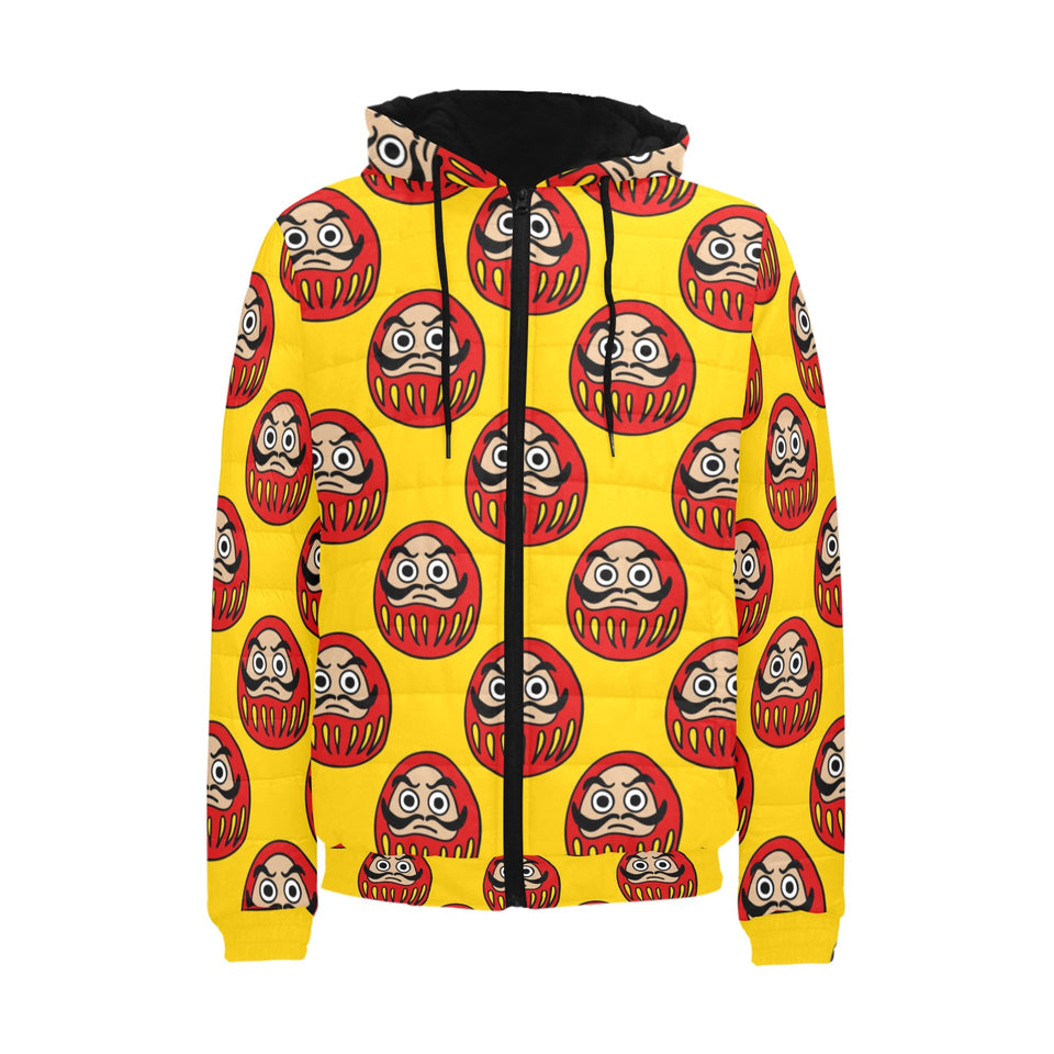 Daruma japanese wooden doll yellow background Men's Padded Hooded Jacket