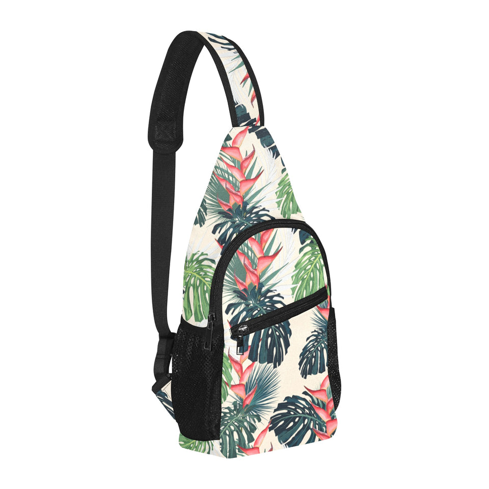 heliconia flowers, palm and monstera leaves All Over Print Chest Bag