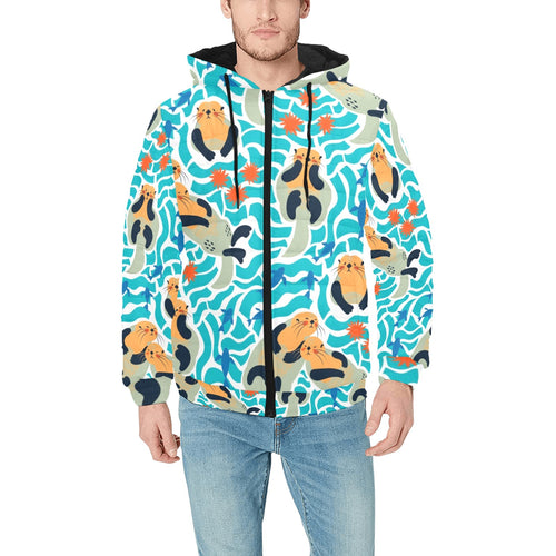 Cute sea otters fishe sea urchin pattern Men's Padded Hooded Jacket