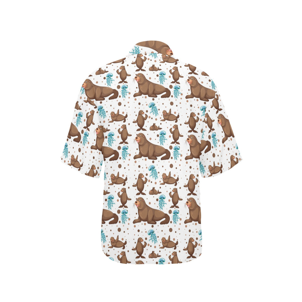 sea lion Seals jellyfish pattern Women's All Over Print Hawaiian Shirt
