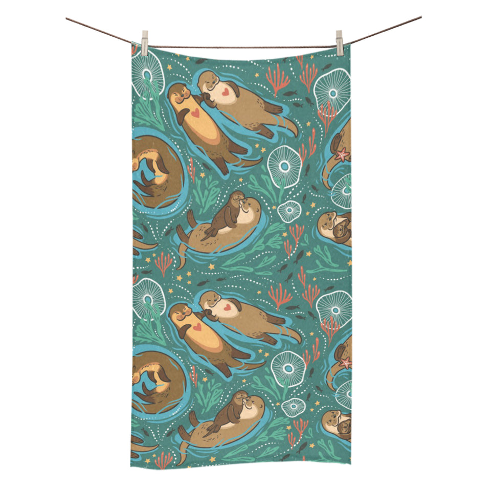 cute brown sea otters ornamental seaweed corals gr Bath Towel