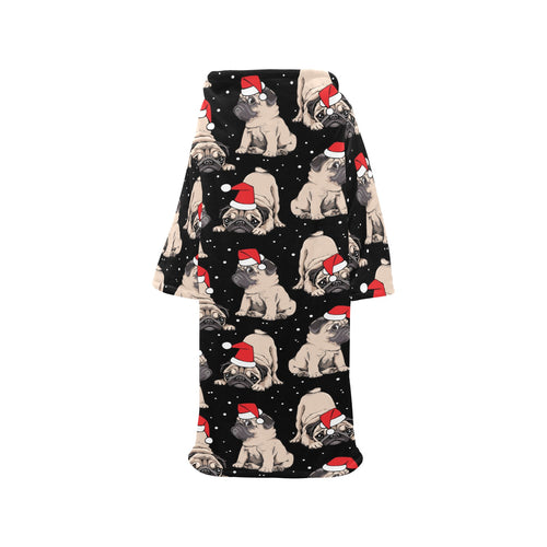 Christmas Pugs Santa_s red cap pattern Blanket Robe with Sleeves