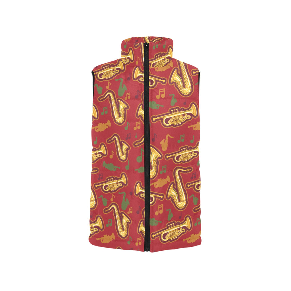 Saxophone cornet pattern red background Women's Padded Vest