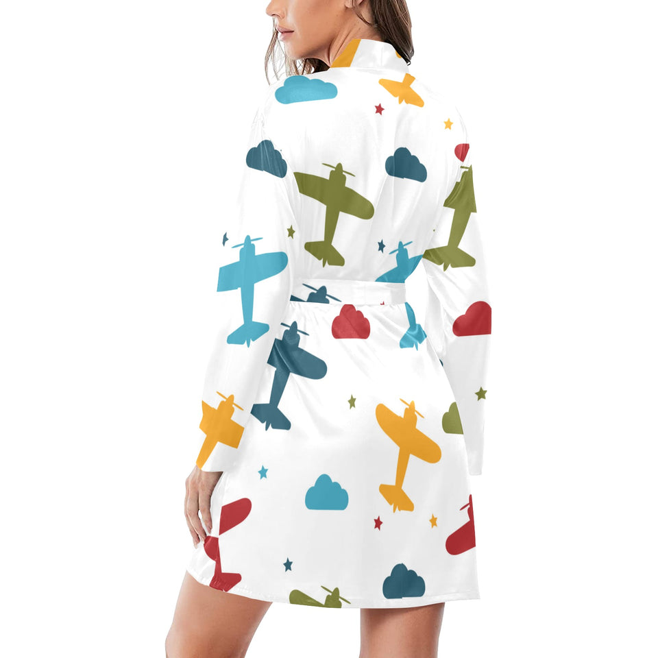 Airplane star cloud colorful Women's Long Sleeve Belted Night Robe