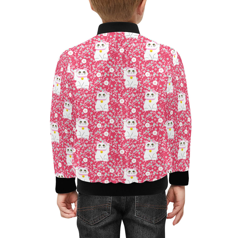 Maneki neko cat sakura pink background Kids' Boys' Girls' Bomber Jacket