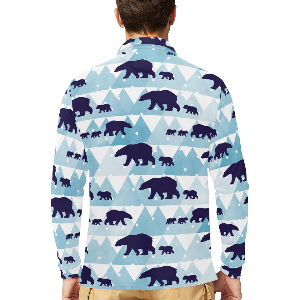 polar bear winter snow pattern Men's Long Sleeve Polo Shirt