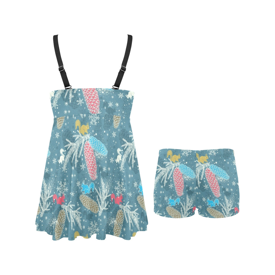 Squirrel Pattern Print Design 01 Chest Sexy Pleated Two Piece Swim Dress