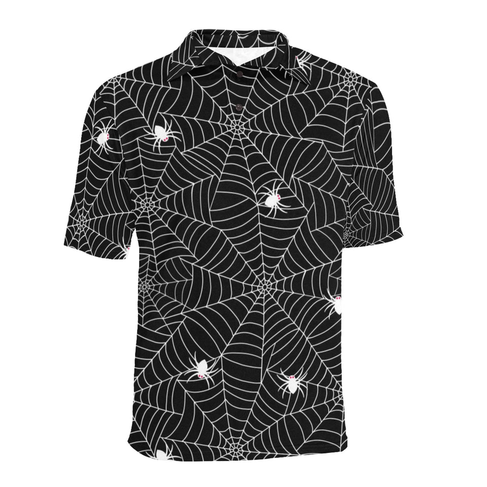 Spider web design pattern Black background white c Men's All Over Print Polo Shirt