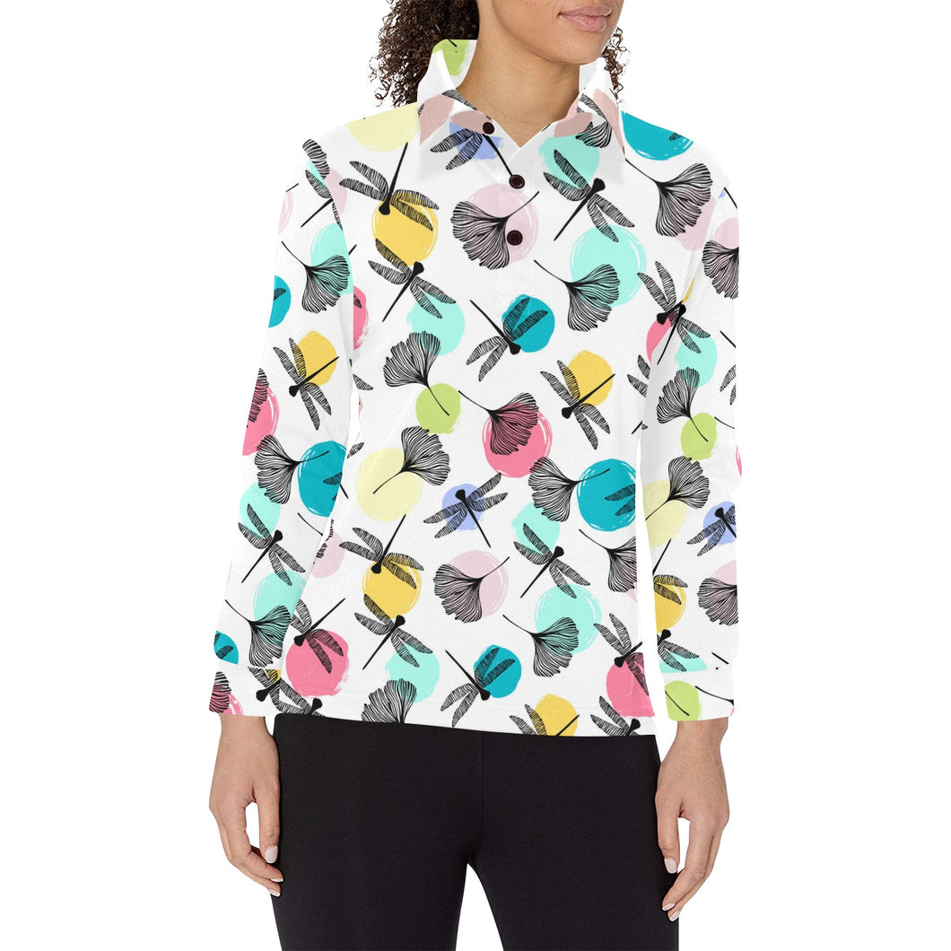 Dragonflies ginkgo leaves pattern Women's Long Sleeve Polo Shirt