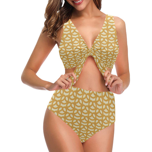Pretzels Pattern Print Design 01 Chest Bowknot High Waisted Bikini Swimsuit
