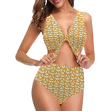 Pretzels Pattern Print Design 01 Chest Bowknot High Waisted Bikini Swimsuit