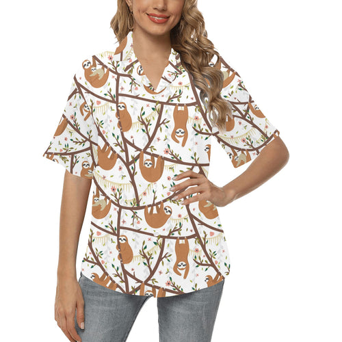Sloths hanging on the tree pattern Women's All Over Print Hawaiian Shirt