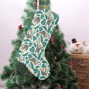 Cute sloths tropical palm leaves white background Christmas Stocking