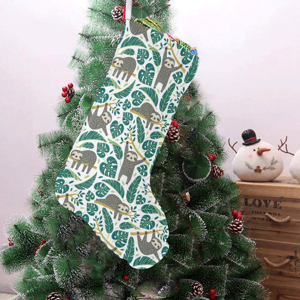 Cute sloths tropical palm leaves white background Christmas Stocking