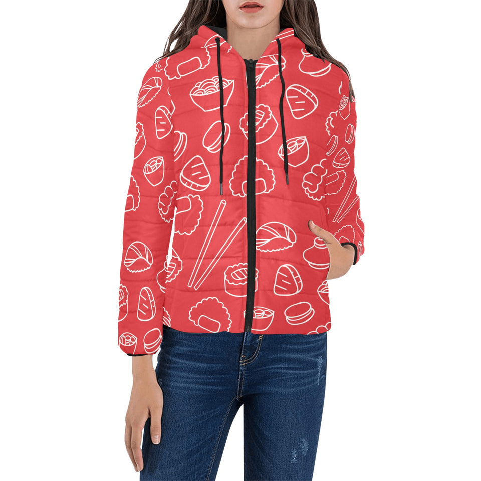 sushi pattern red background Women's Padded Hooded Jacket