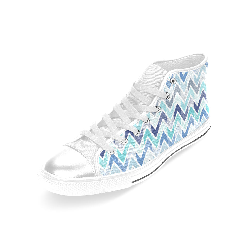 zigzag  chevron blue pattern Women's High Top Canvas Shoes White