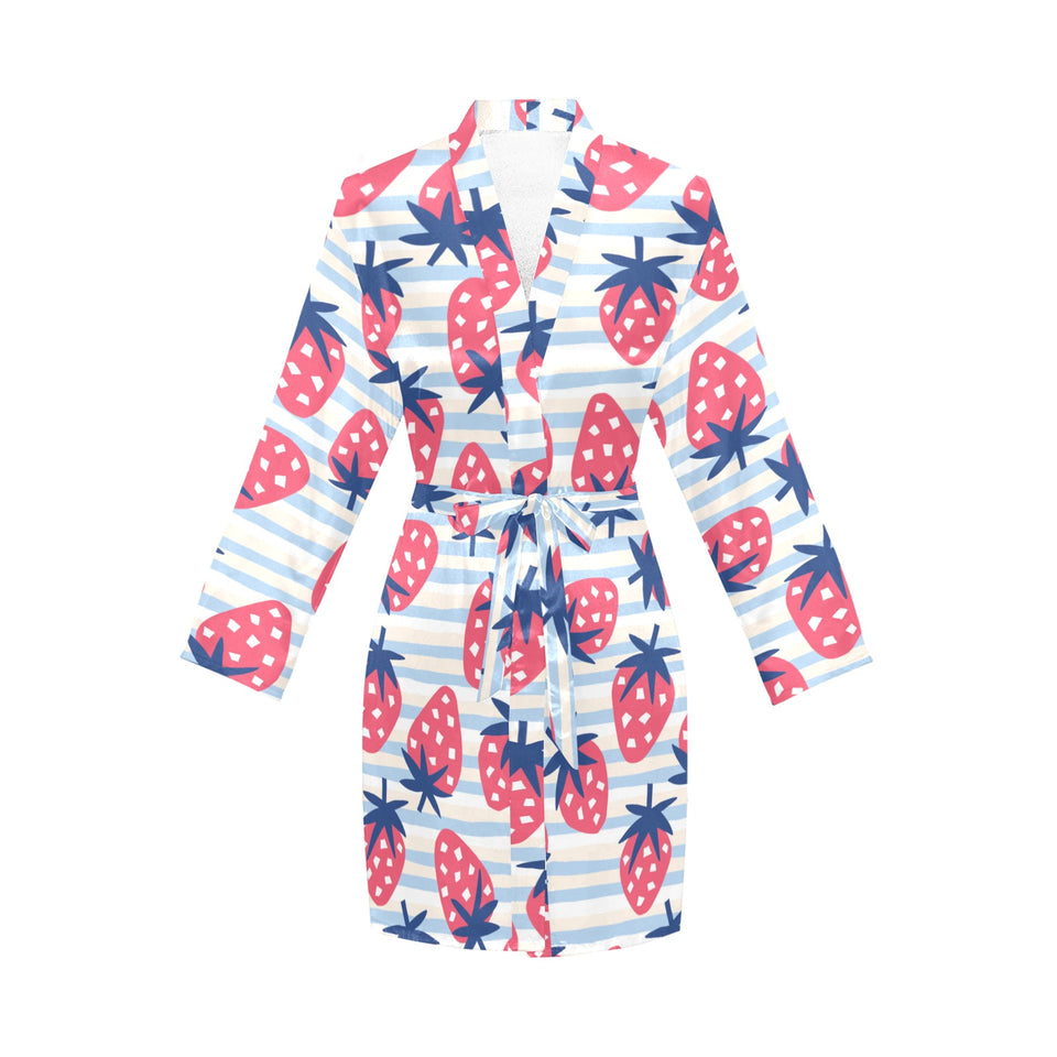Strawberry pattern blue lines background Women's Long Sleeve Belted Night Robe
