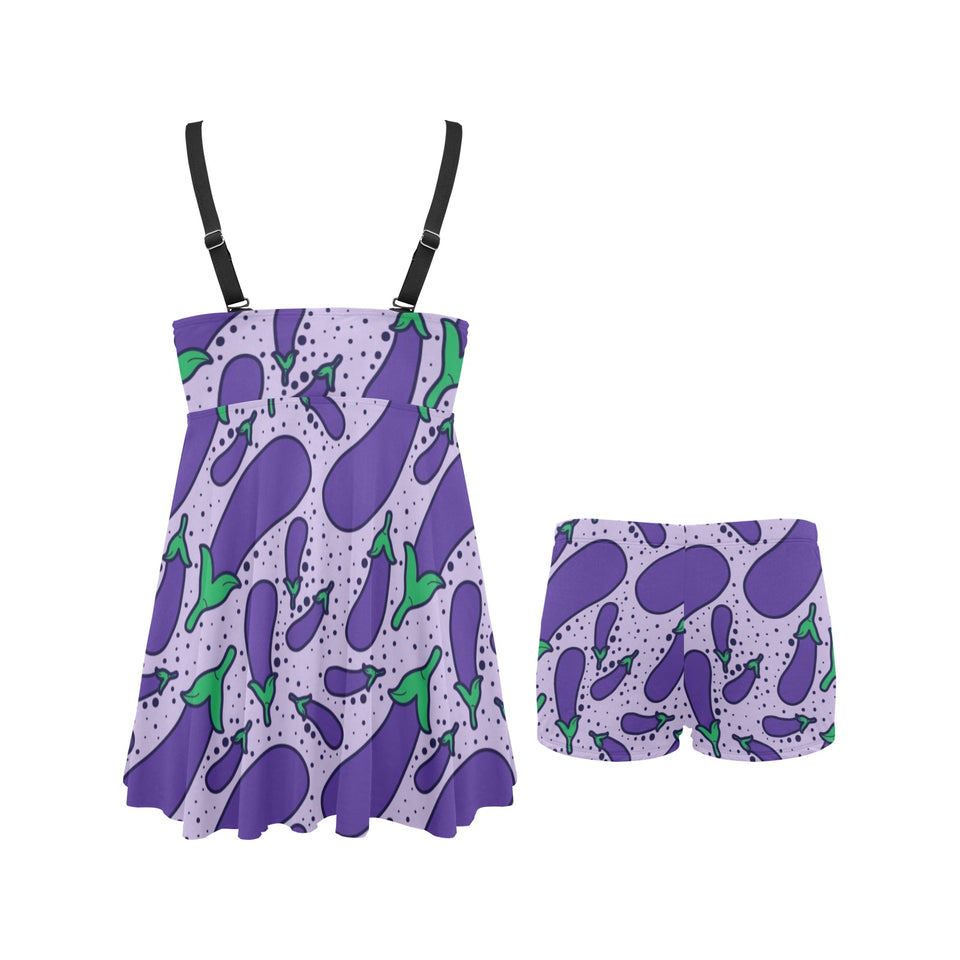Eggplant Pattern Print Design 03 Chest Sexy Pleated Two Piece Swim Dress