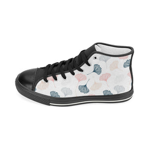 Black Gray Cream coral ginkgo leaves pattern Women's High Top Canvas Shoes Black