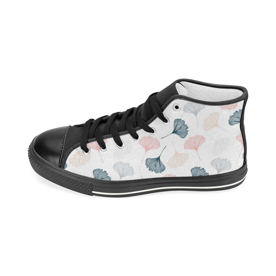 Black Gray Cream coral ginkgo leaves pattern Women's High Top Canvas Shoes Black