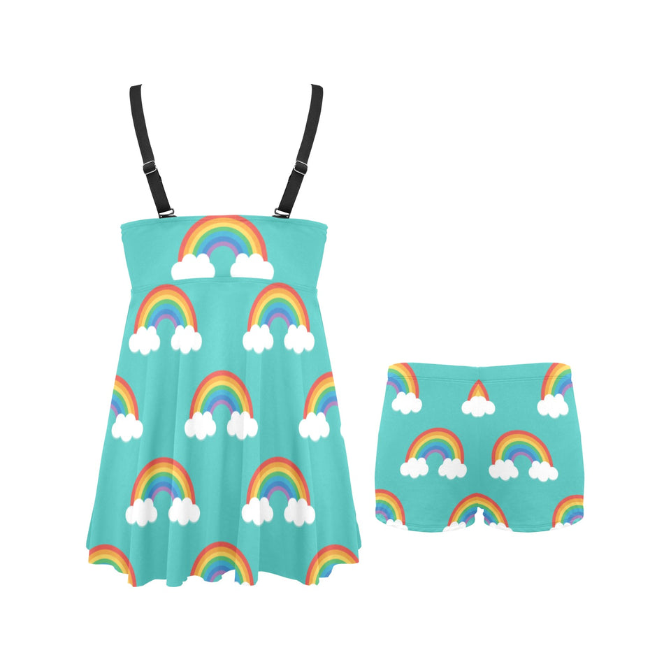 Rainbow pattern green background Chest Sexy Pleated Two Piece Swim Dress