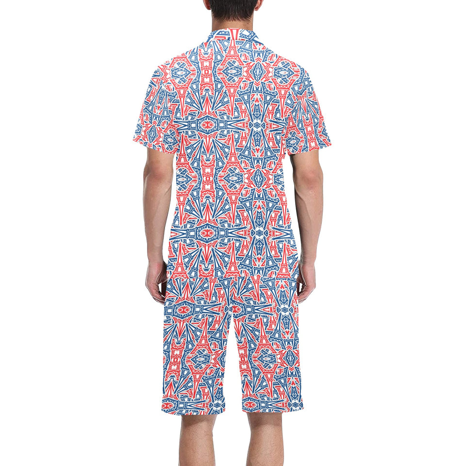Blue Red Eiffel Tower Pattern Print Design 02 Men's V-Neck Short Pajama Set