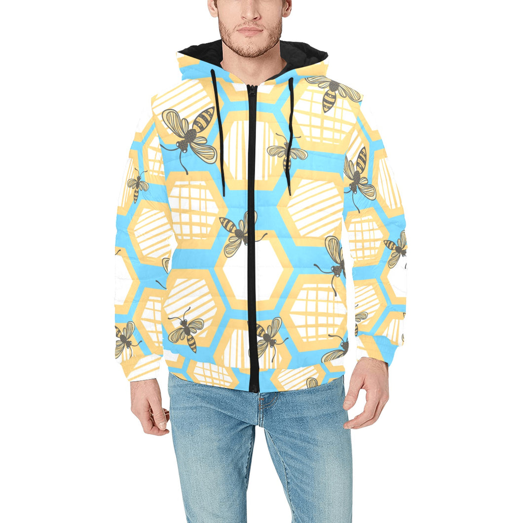 Bee honeycomb pattern Men's Padded Hooded Jacket