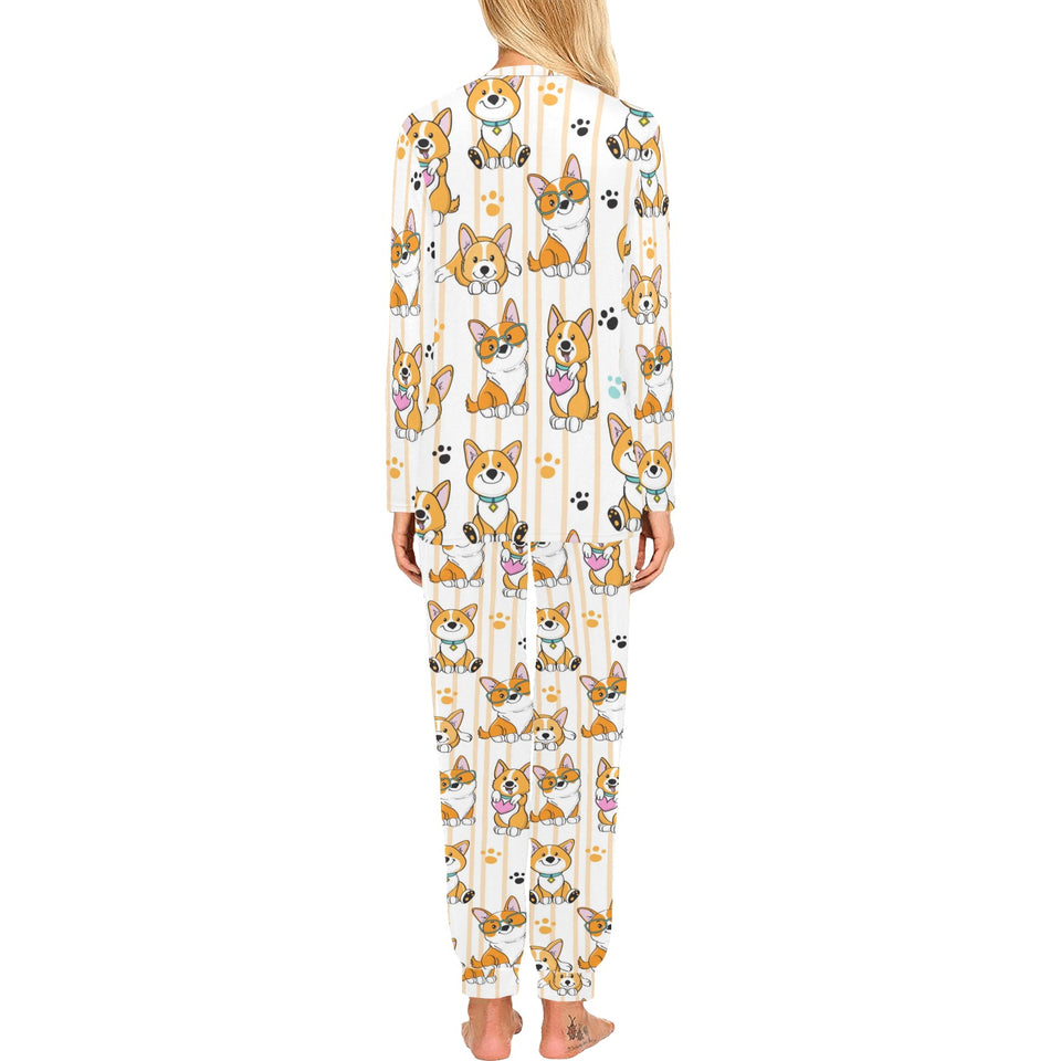 Cute dog corgi striped background pattern Women's All Over Print Pajama Set