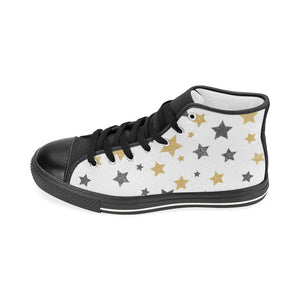 hand drawn gold black star pattern Women's High Top Canvas Shoes Black