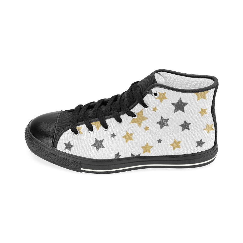 hand drawn gold black star pattern Women's High Top Canvas Shoes Black