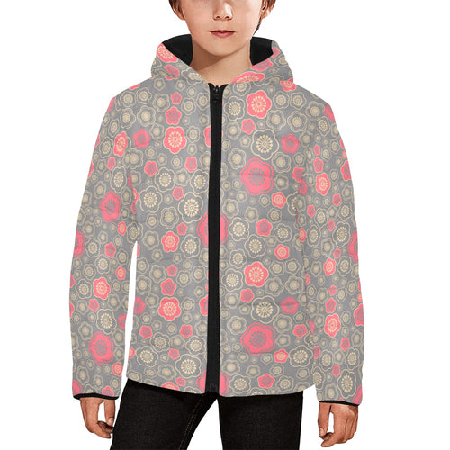 Red gold Sakura cherry blossom gray background Kids' Boys' Girls' Padded Hooded Jacket