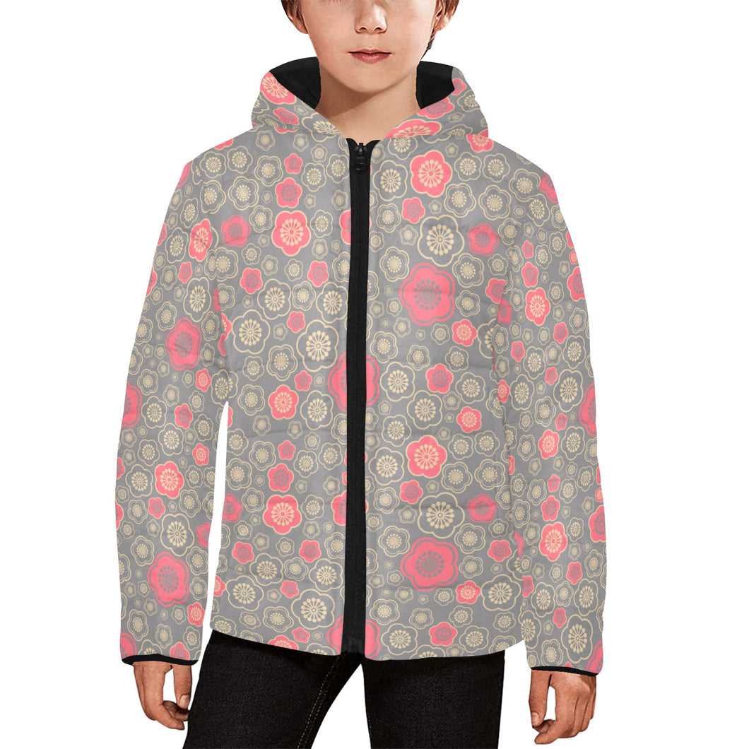 Red gold Sakura cherry blossom gray background Kids' Boys' Girls' Padded Hooded Jacket