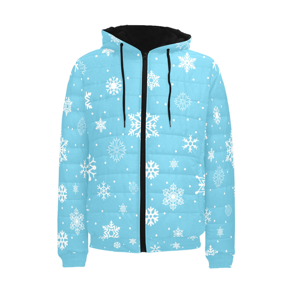 Snowflake pattern blue background Men's Padded Hooded Jacket