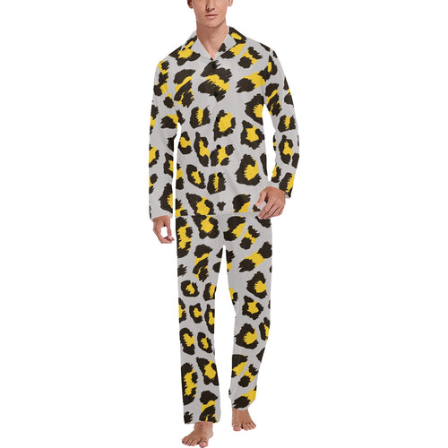 Gray Leopard print pattern Men's Long Pajama Set