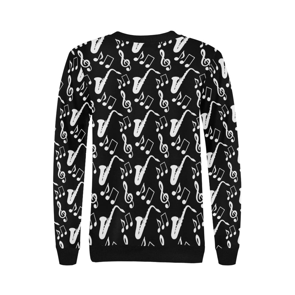 Saxophone music notes treble clef black white them Women's Crew Neck Sweatshirt