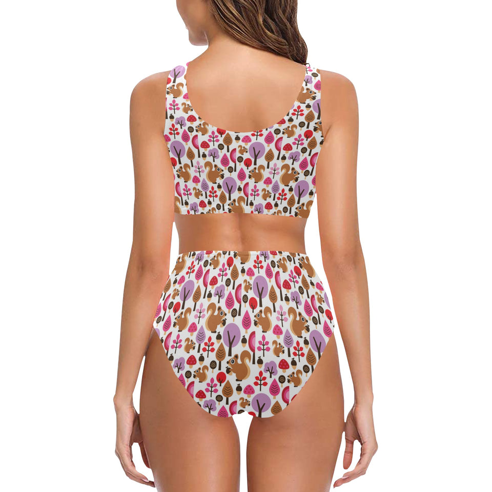 Squirrel Pattern Print Design 02 Chest Bowknot High Waisted Bikini Swimsuit