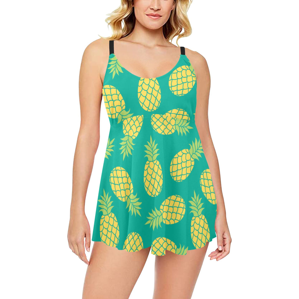 Pineapples pattern green background Chest Sexy Pleated Two Piece Swim Dress