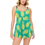 Pineapples pattern green background Chest Sexy Pleated Two Piece Swim Dress