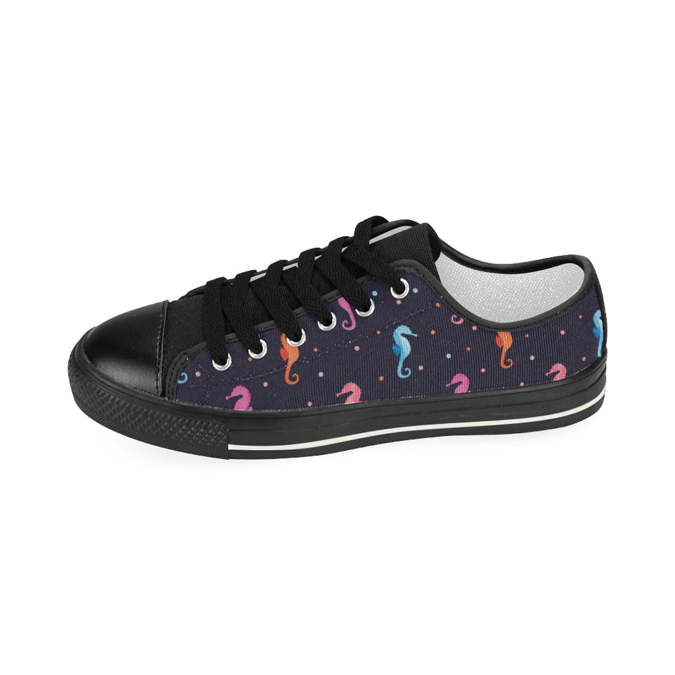 Watercolor colorful seahorse pattern Women's Low Top Canvas Shoes Black