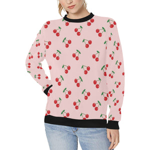 cherry pattern pink background Women's Crew Neck Sweatshirt