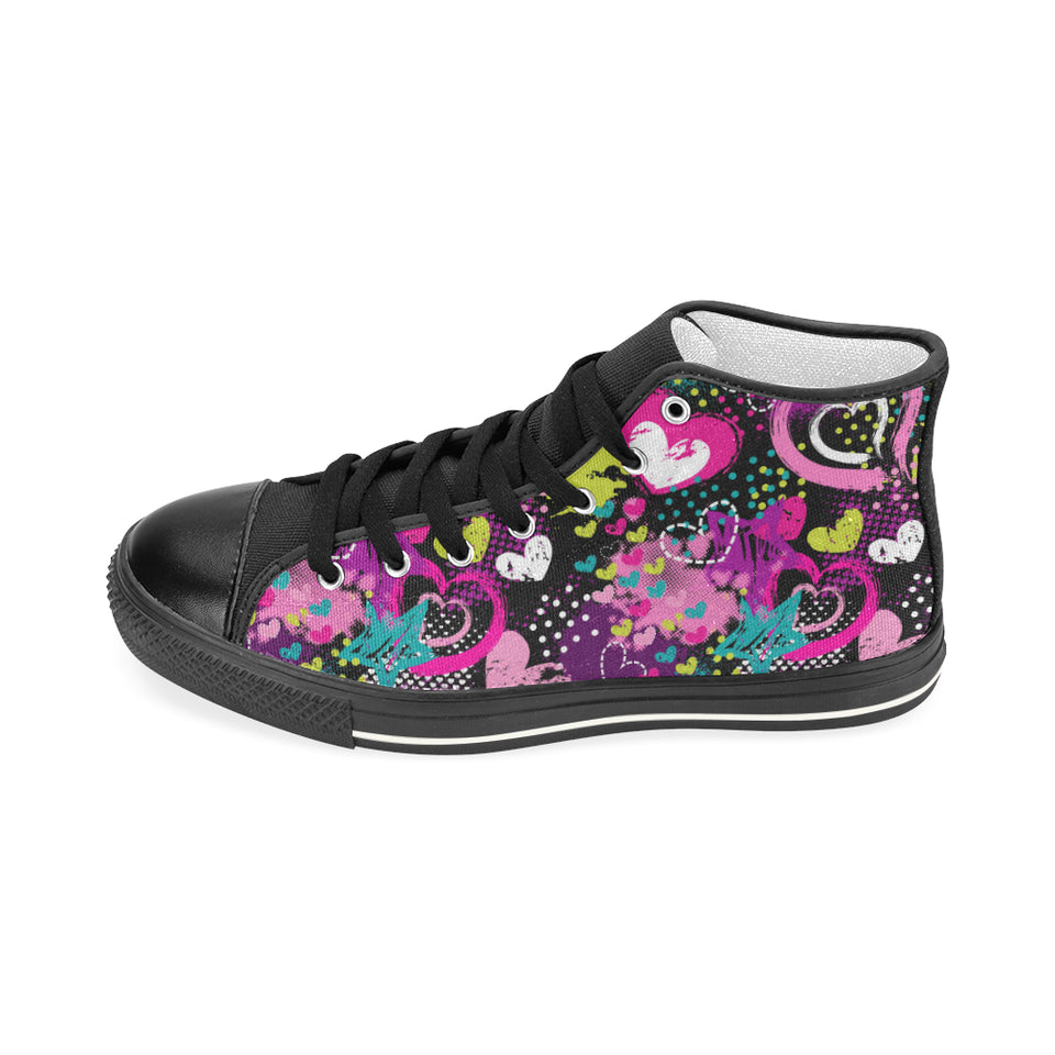 heart dot wave star creative design pattern Women's High Top Canvas Shoes Black